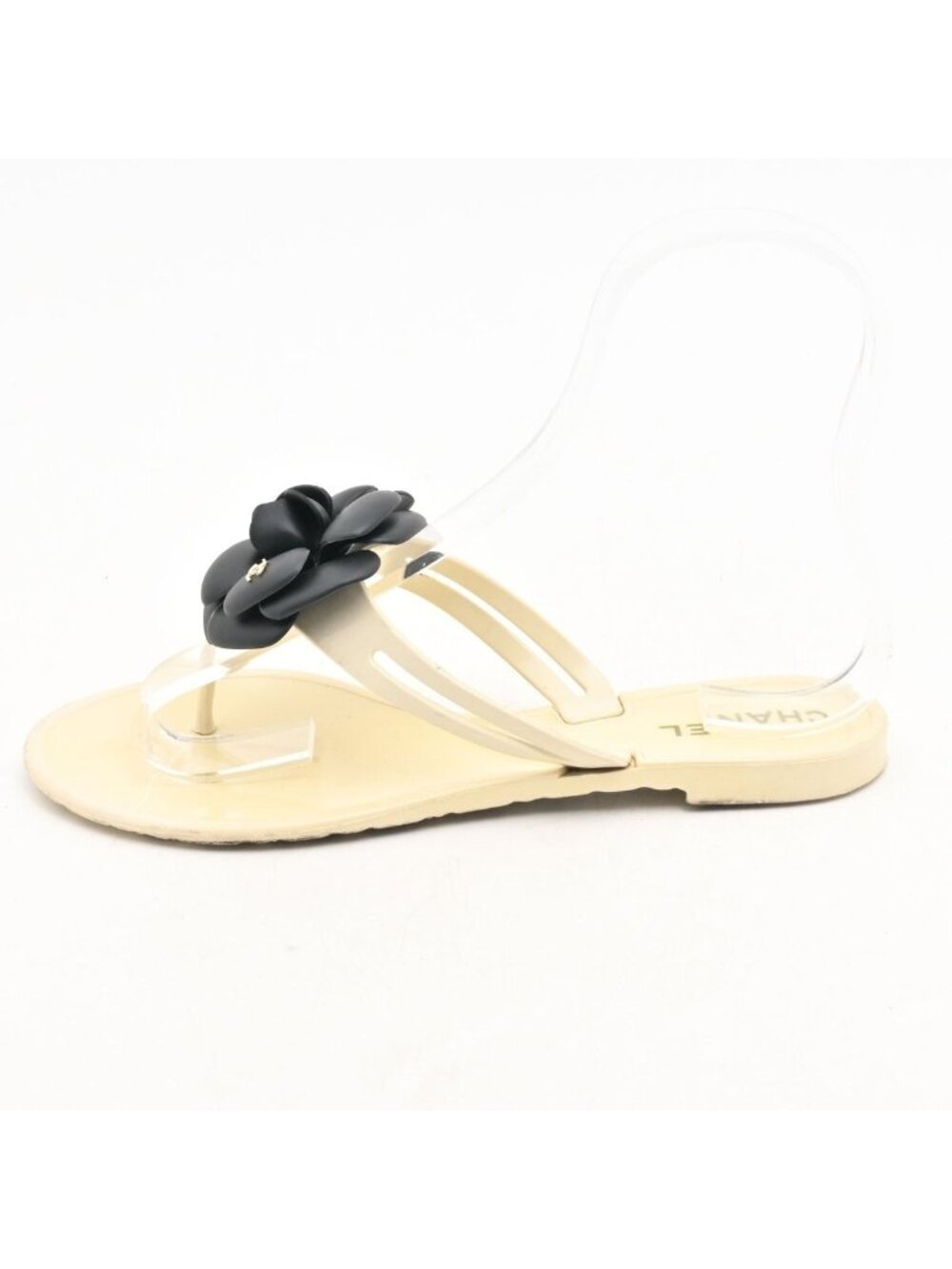 Chanel Beach Sandals Ivory Black Camellia